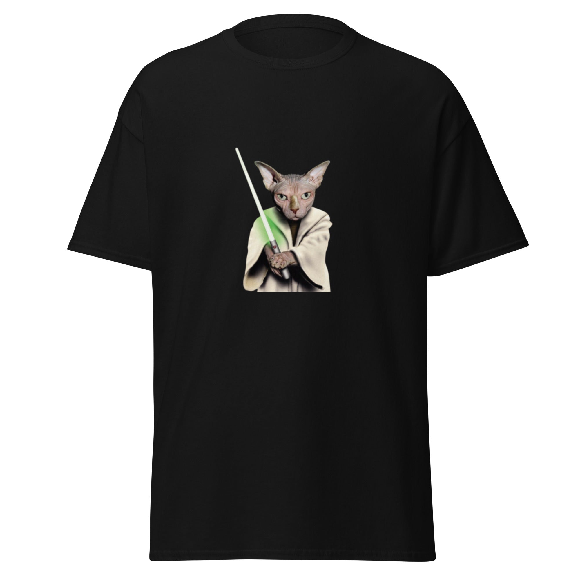 Unisex T-Shirt mit galaktisch inspirierter Katze und leuchtendem Schwert